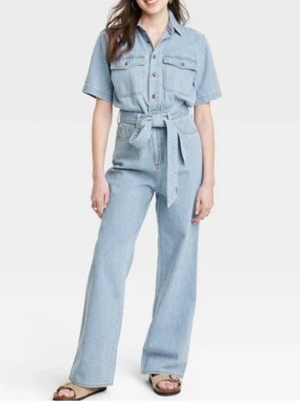 UNIVERSAL THREAD Light Wash Denim Wide Leg Jumpsuit Short Sleeve Size 14